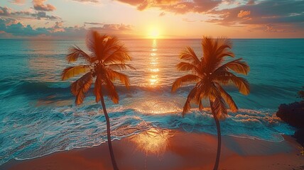 Idyllic Tropical Beach Sunset with Palm Trees and Soothing Ocean Waves, Emphasizing Natural Beauty and Calm Evening