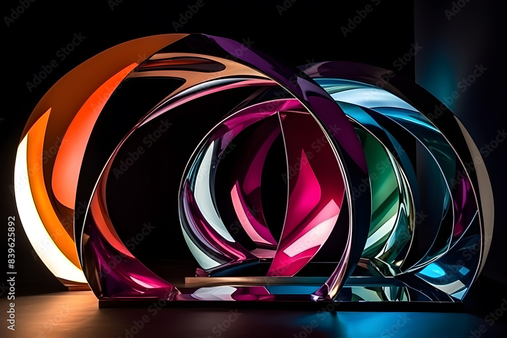 Poster abstract composition with geometric intersecting curved shapes in vibrant colors. generative ai