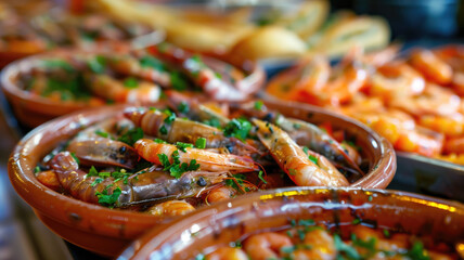 Obraz premium Appetizing spanish tapas with anchovies and shrimp close-up in the restaurant of San Sebastian, Donostia, Spain