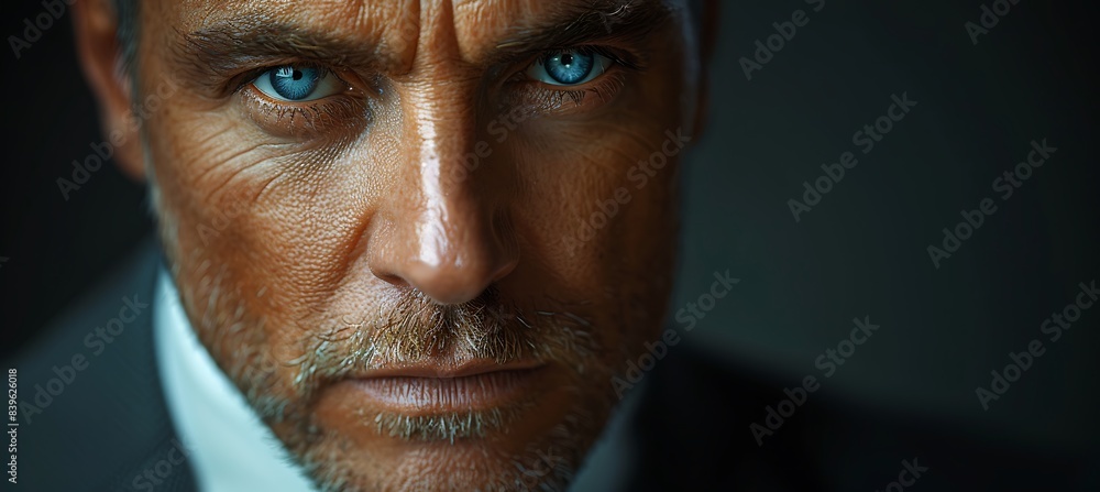 Poster closeup of executive portrait showing detailed facial features and professional attire using macro p