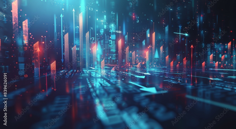 Poster abstract digital cityscape with upward trending graphs and data