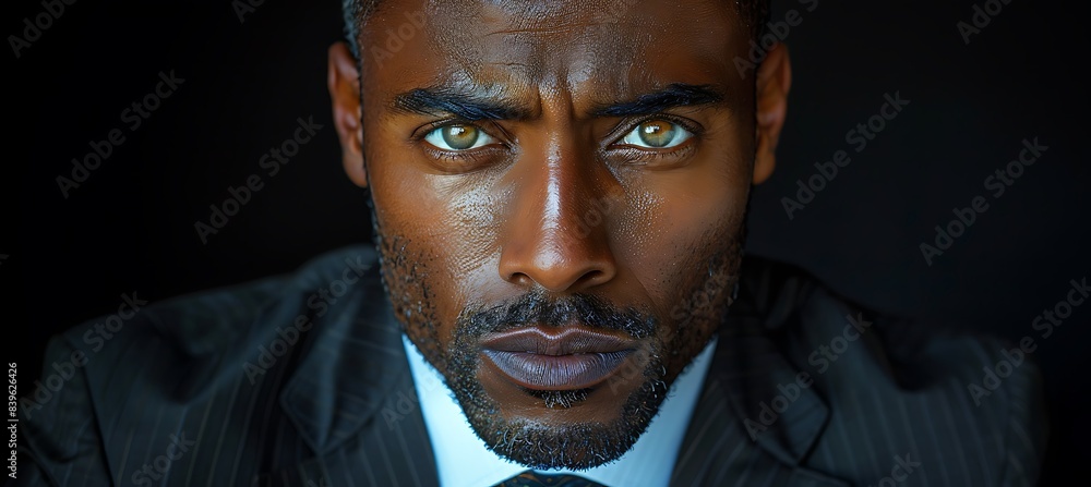 Poster closeup of executive portrait showing detailed facial features and professional attire using macro p