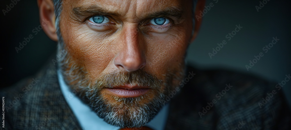 Poster closeup of executive portrait showing detailed facial features and professional attire using macro p