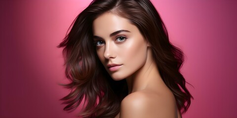 Fototapeta premium Woman with sleek brown hair against pink backdrop post keratin treatment. Concept Hair Styling, Keratin Treatment, Pink Backdrop, Sleek Hairstyle, Woman Portrait