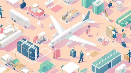 Obraz premium Air travel logistics, with illustrations of luggage handling, boarding passes, and airport services