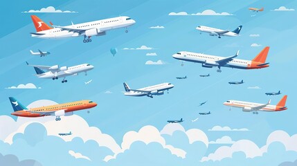 Multiple airplanes flying in a blue sky with clouds