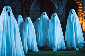 Seven white ghosts standing inside the haunted castle.