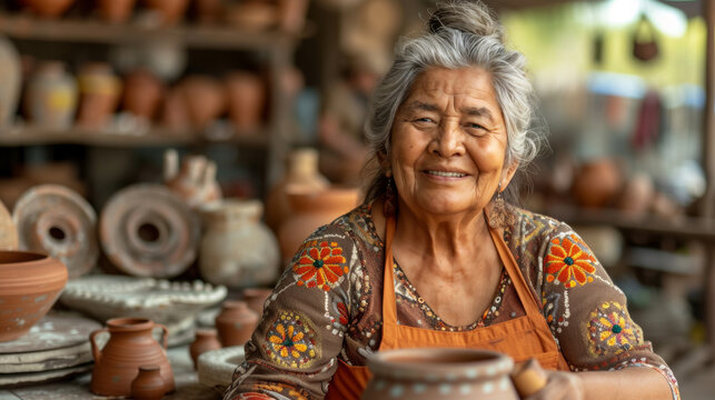 Elderly Woman Smiling at Pottery Class with Clay Pots
