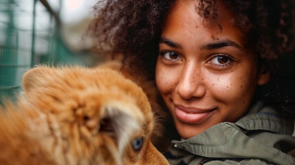 Young Woman Volunteering at Animal Shelter with Puppy