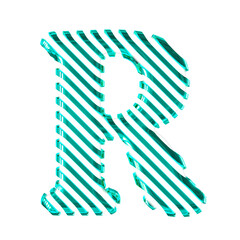 White symbol with turquoise diagonal ultra thin straps. letter r