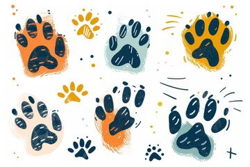 Paw footprint icon, animal foot print, dog graffiti spray step, wolf trail, bear trace silhouette, paw footprint