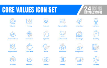 Simple modern core values icon set. Honesty,Excellence, Innovation, Passion, Inclusion, Teamwork Editable Stroke Vector Icon Set. 