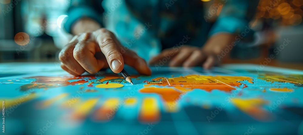 Poster closeup of business strategy discussions hands pointing at charts and diagrams using macro photograp