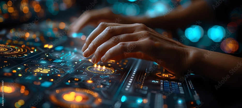 Poster closeup of business technology use with hands typing on keyboards and interacting with touchscreens 