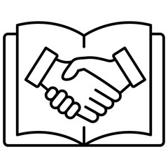 Integrity and Trust: Handshake on Book.Business Ethics: Handshake on Book, Black Outline Vector Icon