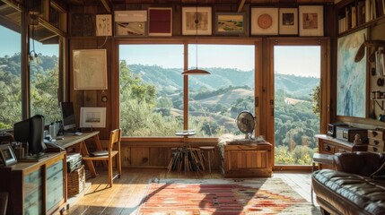 Fototapeta premium An artist's retreat in the countryside, with a cozy studio and inspiring views of rolling hills