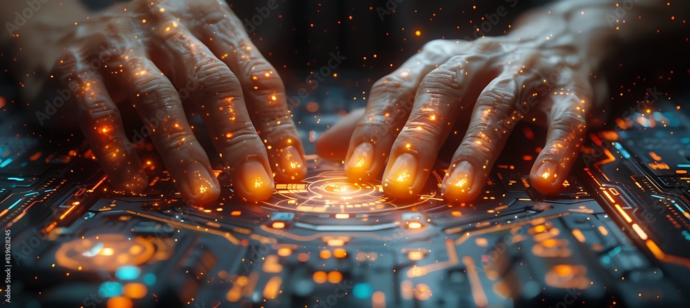 Poster closeup of business technology use with hands typing on keyboards and interacting with touchscreens 