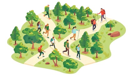 Fototapeta premium Group of people hiking in a forest, enjoying nature and outdoor activity.