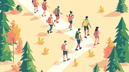 Group of people hiking in a forest, enjoying nature and outdoor activity.