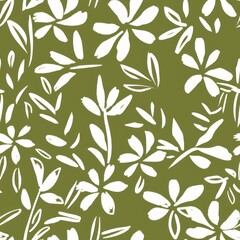 Fototapeta premium A pattern of flowers and leaves, painted with thick brush strokes using only white on an olive green background