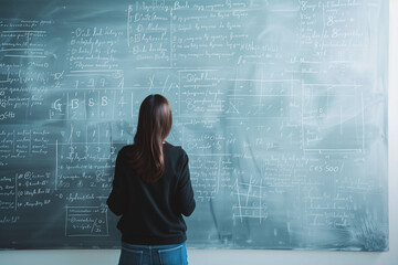 A woman is standing in front of a chalkboard with a lot of math equations on it