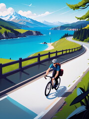 Fototapeta premium Mountain biking in scenic road near coast line. 