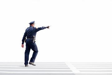 Naklejka premium A police officer is pointing to the right while standing on a crosswalk