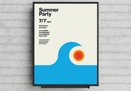 Summer Party Poster with Sun in Wave