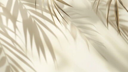 Blurred shadow from palm leaves on light cream wall. Minimalistic beautiful summer spring background for product presentation.