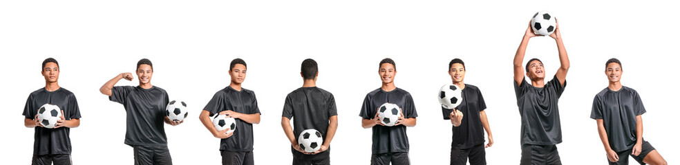 Set of young African-American football player on white background