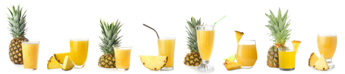 Set of fresh pineapple juice on white background