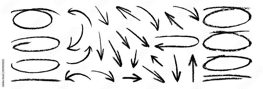 Fototapete black charcoal ovals and arrows strokes different forms.set of design elements on white background.r