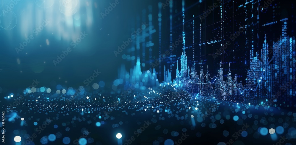 Poster abstract digital data visualization with blue lights and bokeh effects