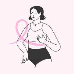Breast cancer awareness month. Young woman doing a breast self examination. Manual cancer test. Minimalist hand drawn illustration of a female with a pink ribbon. Isolated flat vector design