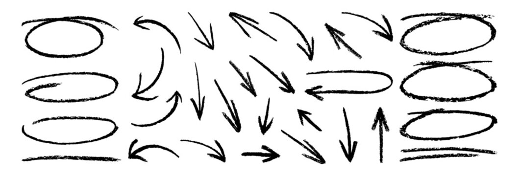 Black charcoal ovals and arrows strokes different forms.Set of design elements on white background.Rough charcoal arrows and circles. Brush elements for notes and underlining in text.