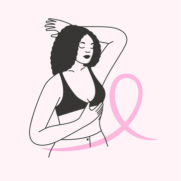 recommend clip art: Breast cancer awareness month. Black woman in bra doing a manual breast self examination. Minimalist hand drawn illustration of a female with a pink ribbon. Isolated flat vector design