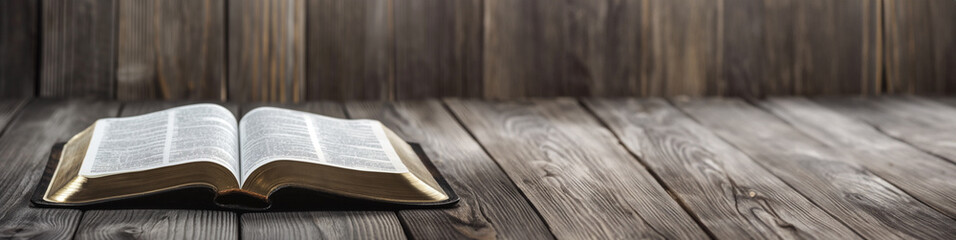 Open holy bible on a brown wooden surface. With extra wide copy space to add text. Holy scriptures. Ideal for blogs, presentations, religious meetings, Prayer groups and much more. Panoramic banner.