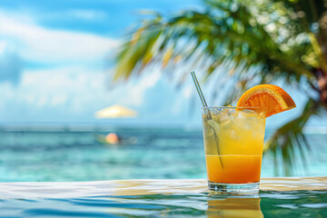 Juicy summer watermelon and coctail on the shore of the pool, palm trees , summer offer, stock photo