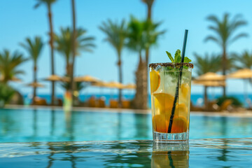 Juicy summer watermelon and coctail on the shore of the pool, palm trees , summer offer, stock photo