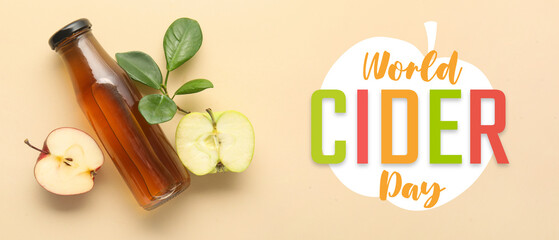 Glass bottle of fresh apple cider vinegar and fruits on beige background