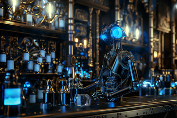 Photo of artificial intelligence robot that is an accomplished writer, vintage and ornate, vintage, fantasy, magic [mana] potion, very bright light from inside, fantasy art