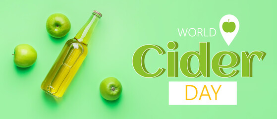Composition with bottle of apple cider on color background