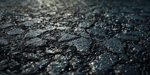 Detailed close up of a textured black asphalt surface in high resolutio