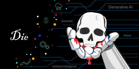 Artificial Intelligence. Generative AI work for future. Human lost AI.  White human skull with blood in AI Robot Hand. Cyber space with graphic technology. Full Vector background. Skeleton bone of man