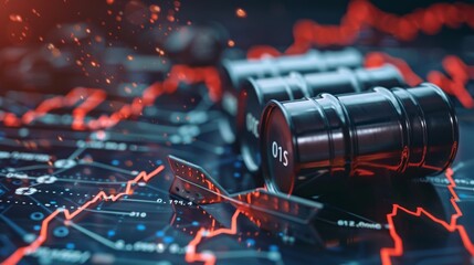 Price oil down. Oil barrels and a financial chart on abstract business background. Barrel arrow down. Oil trend down.