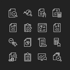 Auditing and Financial Analytics icon set, white lines on black background. Review account documents, taxation reports, analytical documentation. Examine data. Customizable line thickness