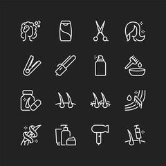 Hair care icons, white on black background. Healthy hair, scalp, haircuts, washing. Hairstyling tools and equipment. Customizable line thickness