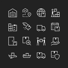 Logistics icons, white lines on black background. Parcel delivery, mail, online orders, couriers, warehouses, transport, locations, dates. Customizable line thickness
