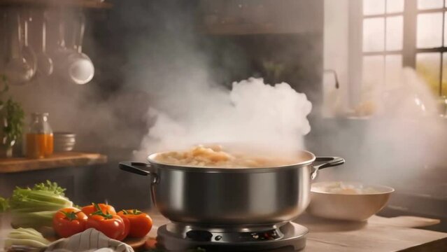 Quick vapors rising and floating over a pot of slowly cooking soup