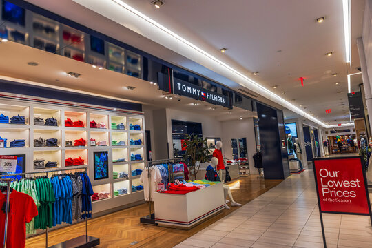 Close-up view of the Tommy Hilfiger men's clothing section inside Macy's store. New York. USA. 